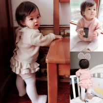 Korean version of the baby foreign style girls spring and autumn new baby pure cotton knitted cardigan jacket ruffle leggings set