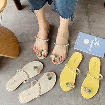 2021 summer new pineapple pearl water drill clamp toe cool slippers women outwear seaside flat bottom beach shoes Rome sandals