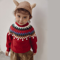 Childrens sweater top girl red long sleeve shirt cotton Christmas happy cute foreign atmosphere round neck pullover knitting