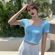 Vanyas new short sleeve T-shirt summer tight design of the niche revealed the back U-collar short pure-colored tops