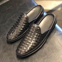 2021 Summer hand woven genuine leather breathable Baotou Half slipper Chauffling with no heel Mens shoes One foot pedal