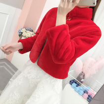 Wedding hairy shawl wine red Bride wedding toast shawl stand collar winter red warm thick coat winter