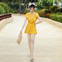 New ruffled swimsuit women hot spring skirt type Siamese belly thin Korean conservative hipster girl student dress