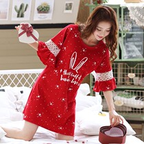  Summer short-sleeved cotton night dress female mid-length red thin cotton sexy pajamas charming dress can be worn outside