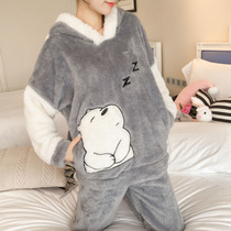 Winter pajamas female coral velvet thickened plus velvet cartoon cute bear hooded flannel two-piece autumn and winter
