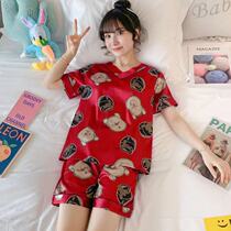 Ice silk pajamas women summer thin short sleeve two-piece suit Korean cute cartoon few ladies can wear home clothes