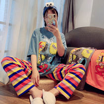 Cartoon Cute Pyjamas Woman Summer Short Sleeve Long Pants Loose big code Student Home Residence Suit Spring Summer Money can be worn outside