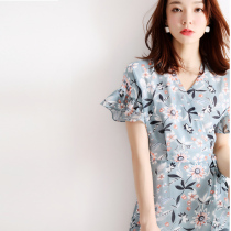 Japanese womens summer new classic Wild elegant ethereal blues print lotus leaf sleeve cross collar dress