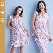 Sile sweet lady sexy nightdress summer striped Womens Home suit loose plaid pajamas shorts