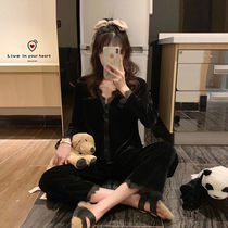 Golden Velvet Pyjamas Woman Autumn Winter style Long sleeves Two sets ladies Spring and autumn casual Home Clothing Extractable Tennis Red Ins