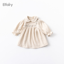 Elfairy girl dress dress baby spring dress baby washed cotton doll dress child long sleeve princess dress foreign