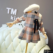 Hong Kong Fall Girl Plaid Hooded Sweater Short Skirt Suit Children Butterfly Knots Knit Cardiovert Half Body Dress Two Sets