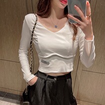 Vanya Autumn Winter New White Blade Woman Han Edition Short Short Winter with Long Sleeve V-collar T-shirt