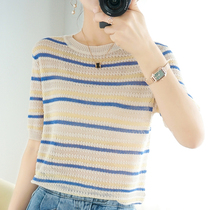 New Summer Collapse Strip Short-sleeved T-shirt Han Edition Loose Skin Ice Filament Hollow Knitted Clothes Thin