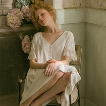 Chenxi Nightdress Womens Spring and Autumn Short Sleeve Original Palace Wind Pure Color Cotton Home Lace Pajamas White Long Summer