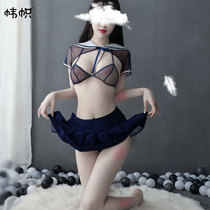 Sexy underwear temptation JK uniform fart small short skirt crotch open crotch three-point transparent bed free of contact