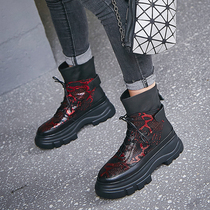 Thick-bottom Printed Short Boots Women 2021 Autumn Winter English Wind Joker High Heel Lace-Up Boots Matsui Leather Martin Boots