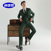 Special performance studio suit men's photo green plaid three-piece wedding photo slim theme dress suit