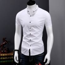  Mens short-sleeved shirt summer pure cotton embroidery slim Korean version of small fresh shirt youth trend casual white inch shirt