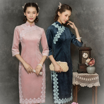  Red hall gold velvet cheongsam mid-length 2021 spring new female silk mulberry silk handmade plate buckle pear blossom qing