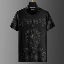 Light luxury high-end short-sleeved T-shirt mens summer trend fashion plus size hot diamond bright print Ice Silk mens body shirt