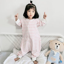 Childrens conjoined pajamas spring and autumn girls pink striped single-layer cotton loose version of conjoined sleeping bag home clothes