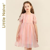 LittleNaive girls bubble sleeve dress bow summer long sweet gauze dress Princess dress