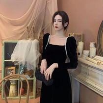 European station new French evening dress heavy industry beaded square collar halter mid-length waist base velvet dress