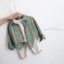 Green childrens products) Spring and summer 2021 childrens linen cotton soft bright plaid shirt All-match sunscreen thin soft shirt
