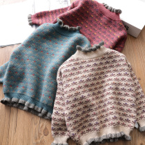 Girls wooden ear edge knitwear Autumn and winter new baby thickened retro sweater Childrens base shirt Korean childrens clothing trend