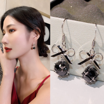 Korean fashion exquisite earrings silver needles Super Flash zircon long bow temperament retro versatile earrings female