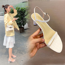 Slotted buckle belt thick heel sandals womens summer 2021 new ins tide embossed fairy leather thin belt roman heels