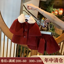 Girls  winter Suit skirt Cape Childrens two-piece dress Female baby foreign style fashionable suit New Years dress