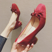  Bow square head single shoes 2020 summer all-match Korean retro autumn womens shoes net red high heels womens thick heel