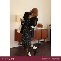 Deer and Birds Autumn New Retro Art Style Floral Long Sleeve Dress (Old) 4548