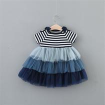 Q350 Summer New Pint Girl Net Yarn Splicing Tandem Dress Fluffy Princess Dresses Small Frescoed Dress