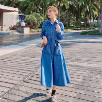 2021 new autumn denim dress small man medium-long temperament blue long-sleeved spring and autumn waist casual