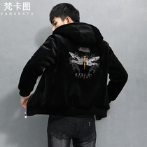 Leather and wool mens sheep cut jacket fur dragonfly embroidery Winter real leather coat Lamb hair short jacket Tide brand