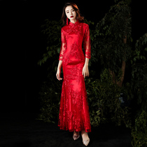 Red cheongsam 2021 new college entrance examination temperament summer catwalk style long high-end performance lace Cheongsam won