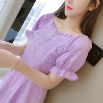 Summer dress new bubble sleeve temperament goddess fan purple dress design sense niche French sweet first love skirt