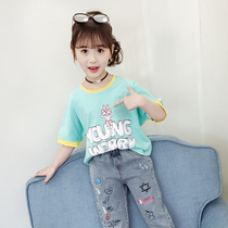 Girls t-shirt short-sleeved childrens summer clothes Womens big childrens Korean version of the t-shirt 2021 new childrens clothing Western style half-sleeve top tide