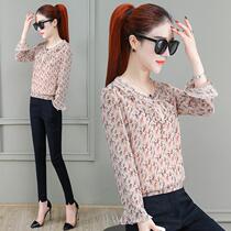 Long-sleeved floral chiffon shirt womens 2021 new spring and summer temperament top foreign style fashion high-grade belly shirt