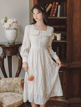 2021 autumn new square collar thin literary vintage lace chiffon long sleeve dress white autumn A- line dress