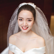 Bow head yarn Pearl Korean double layer cover short bridal veil wedding ceremony tour veil headdress