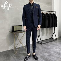 Suit suit male British slim plaid suit three-piece Korean groom wedding dress casual business formal
