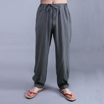Spring and summer linen trousers mens loose feet thin drawstring elastic waist big crotch thick legs Ramie casual pants big size fat