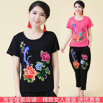 Summer new ethnic style retro embroidered cotton size T-shirt women loose round neck shirt short sleeve T-shirt