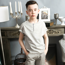 Le Wenxi childrens new boy British style small round neck thin cotton short sleeve shirt spring and summer autumn