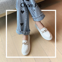 Beige thick soled shoes womens all leather small white shoes spring and autumn single shoes a pedal casual lazy shoes 396H