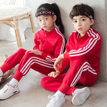  Primary school school uniform suit Kindergarten garden suit spring and autumn childrens red striped Chinese sports class suit three-piece suit